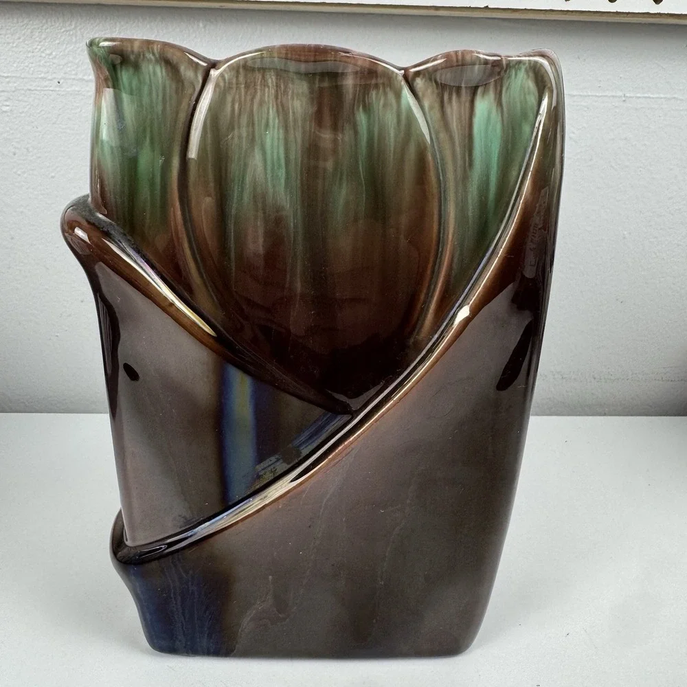 VTG Royal Haeger USA Pottery R651 Green Brown‎ Tulip Rectangle Drip Glaze Vase